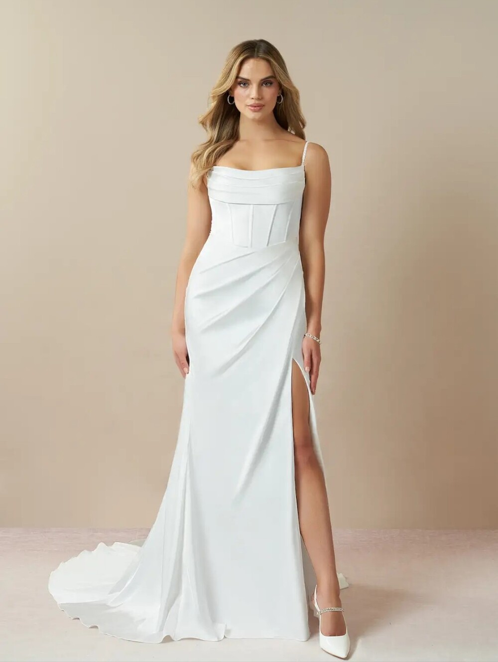 White Satin Corset-Style Evening Dress with Side Slit